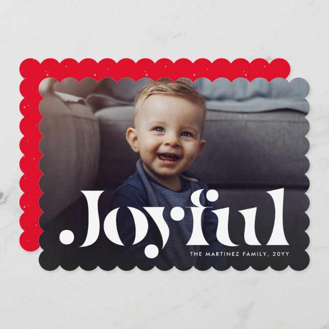 Joyful simple one photo red holiday card (Front/Back)