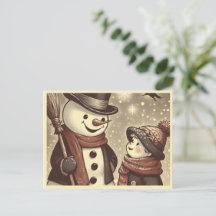 Joyful Snowman and Child Cartoon Postcard