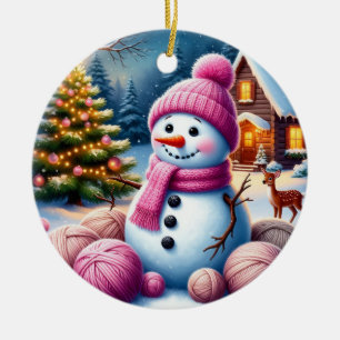 Joyful Snowman by Christmas Tree in a Cosy Winter Ceramic Tree Decoration