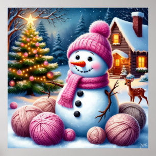 Joyful Snowman by Christmas Tree in a Cozy Winter Poster