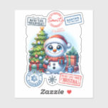 Joyful Snowman Christmas Sticker<br><div class="desc">A cheerful snowman dons a red and white hat while surrounded by colourful presents and a decorated Christmas tree. Playful stamps announce the festive season,  adding whimsy and joy to the holiday spirit. Perfect for embracing winter cheer!</div>