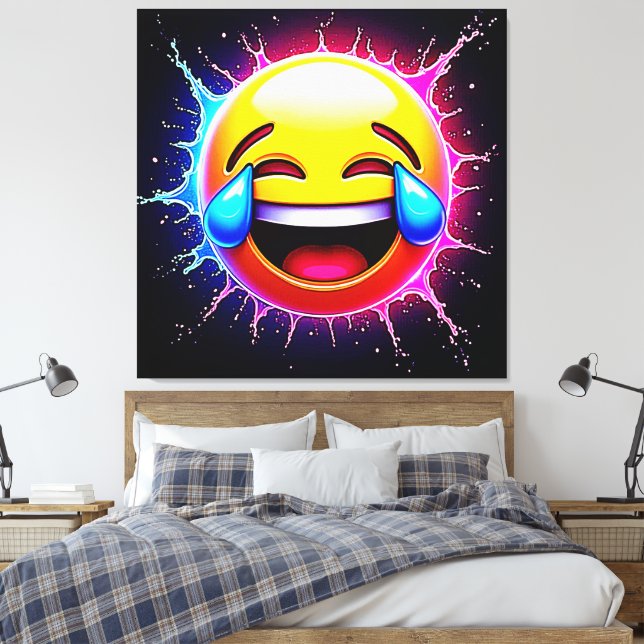 Joyful Splash: Laughing Emoji Art Canvas Print (Insitu(Bedroom))
