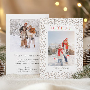 Joyful Tan Botanical Christmas 2 Photo Holiday Card
