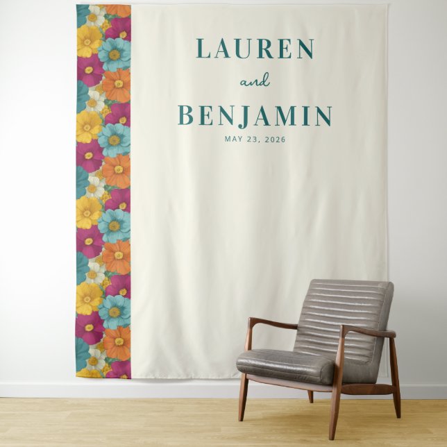 Joyful Teal Floral Border Tapestry (In Situ)