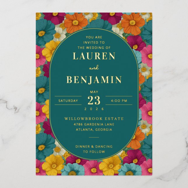 Joyful Teal Floral Wedding Invitation (Front)