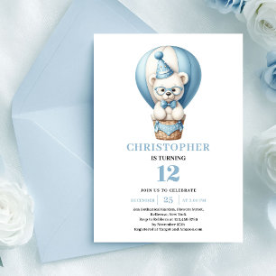 Joyful teddy bear blue balloons boy birthday  invitation
