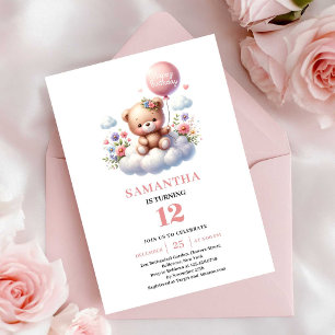 Joyful teddy bear floral balloon birthday invites