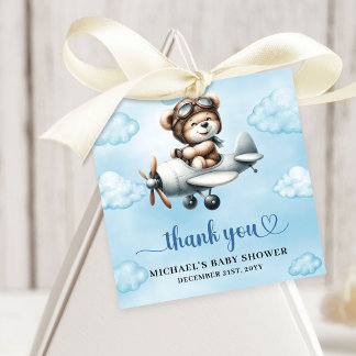 Joyful Teddy Bear Pilot Airplane Blue Brown Baby Favour Tags