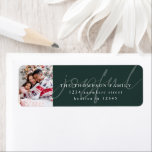 Joyful Text Overlay Photo Return Address Green<br><div class="desc">Joyful Text Overlay Photo Christmas Return Address Green. Simply replace the sample photo with your own and personalise with your name and return address. Joyful is in a modern playful set script in soft green blending into the dark green background and the rest of the text is overlaid on top....</div>