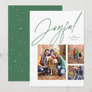 Joyful three photo green family Christmas Holiday  Card