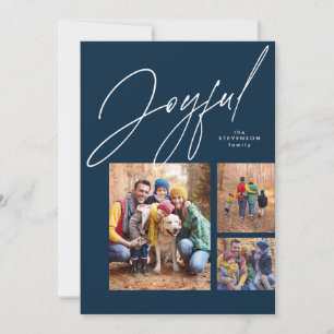 Joyful three photo navy blue family Christmas Holiday Card