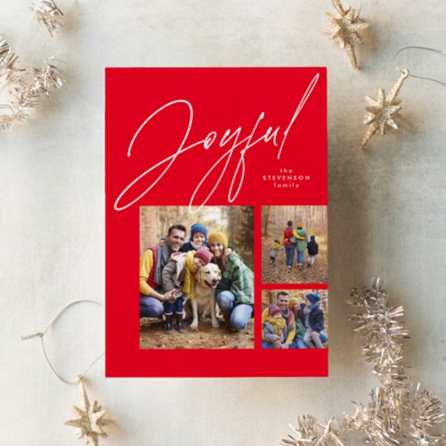 Joyful three photo red family Christmas Holiday Card (Creator Uploaded)