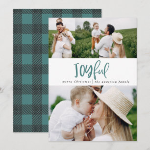 Joyful three photo script tartan family holiday card