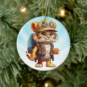Joyful Tiger Cub with Backpack and coffee Ceramic Tree Decoration