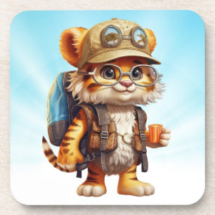 Joyful Tiger Cub with Backpack and coffee Coaster