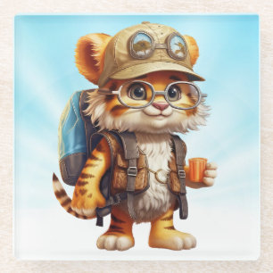 Joyful Tiger Cub with Backpack and coffee Glass Coaster