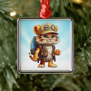 Joyful Tiger Cub with Backpack and coffee Metal Tree Decoration
