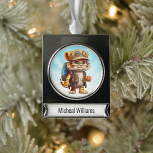 Joyful Tiger Cub with Backpack and coffee Silver Plated Banner Ornament