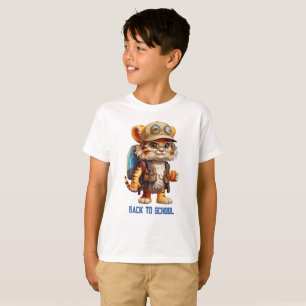 Joyful Tiger Cub with Backpack and coffee, T-Shirt