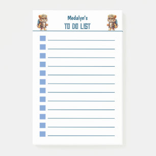Joyful Tiger Cub with Backpack and drinking Post-it Notes