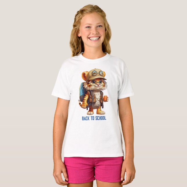 Joyful Tiger Cub with Backpack and drinking T-Shirt (Front Full)