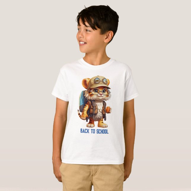 Joyful Tiger Cub with Backpack and drinking T-Shirt (Front Full)