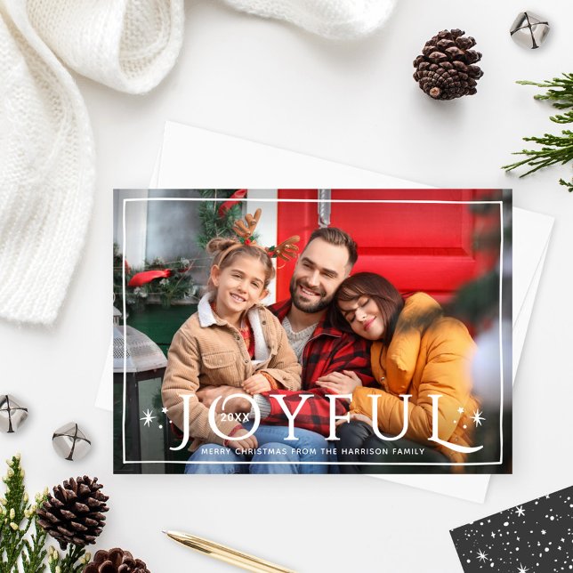 Joyful Twinkle Lights and Stars Dark Gray Photo Holiday Card (Creator Uploaded)