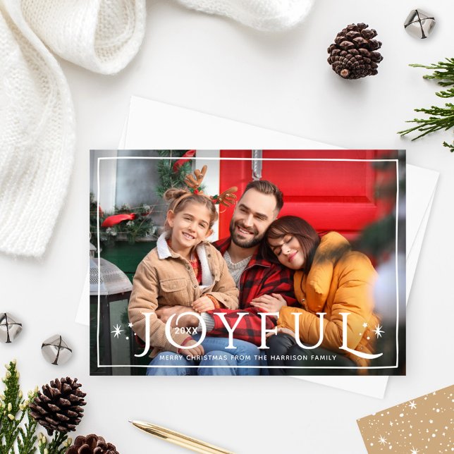 Joyful Twinkle Lights and Stars Neutral Photo Holiday Card (Creator Uploaded)