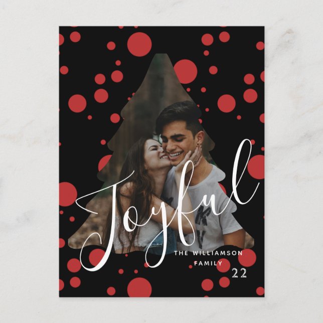 JOYFUL | Typography Custom Christmas Tree 1 photo Postcard (Front)