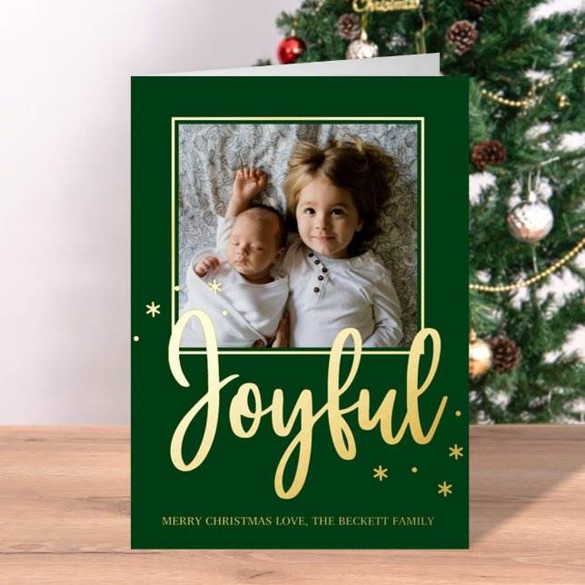 Joyful Typography Script Modern Photo Christmas Foil Holiday Card (Creator Uploaded)