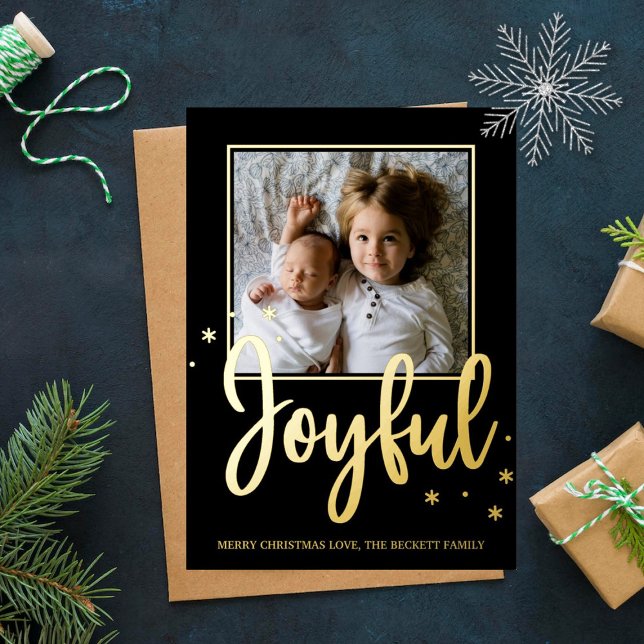 Joyful Typography Script Modern Photo Christmas Foil Holiday Postcard (Creator Uploaded)