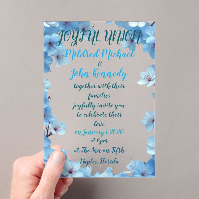 joyful union  wedding invitation with blue flowers (Insitu (Handheld))