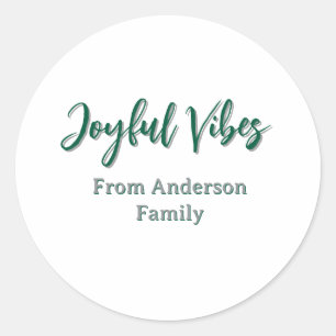 Joyful vibes christmas green holiday family name classic round sticker