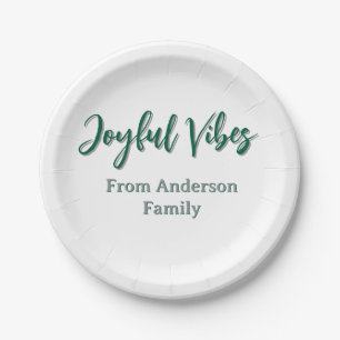 Joyful vibes christmas green holiday family name paper plate