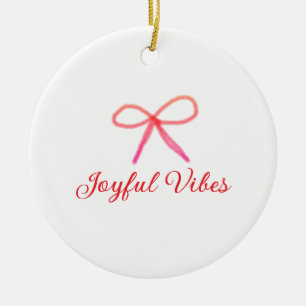 Joyful vibes christmas RED BOW holiday family name Ceramic Tree Decoration