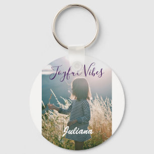 Joyful vibes kids photo purple holidays name gifts key ring
