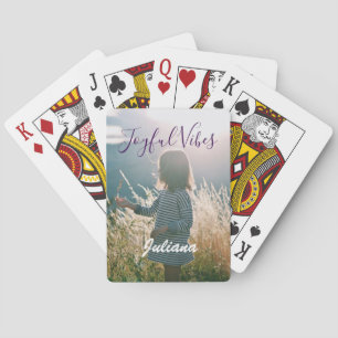 Joyful vibes kids photo purple holidays name gifts playing cards