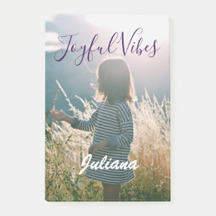 Joyful vibes kids photo purple holidays name gifts post-it notes