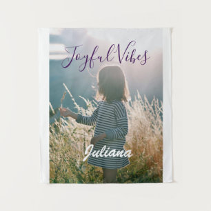 Joyful vibes kids photo purple holidays name gifts tapestry