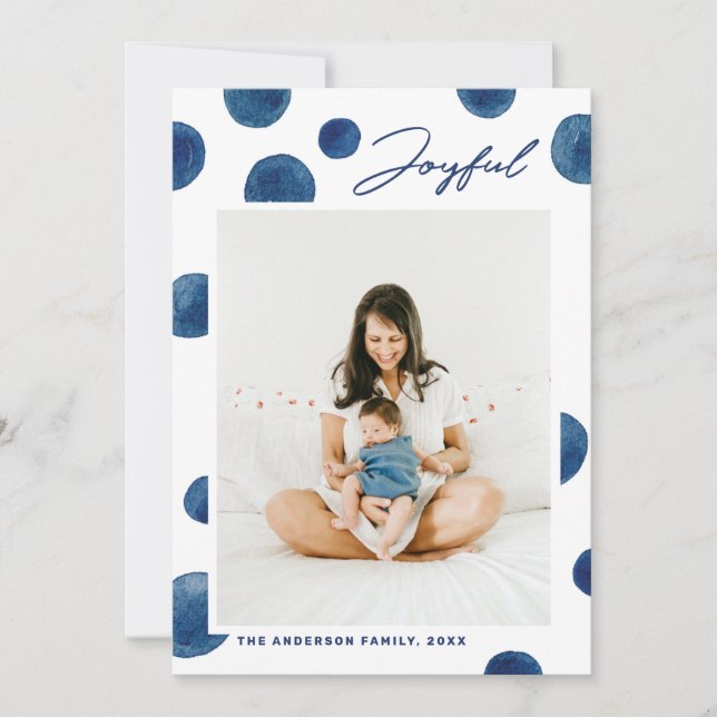 Joyful. Watercolor blue polka dots Christmas Holiday Card (Front)