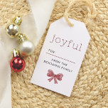 Joyful | Watercolor Bow Modern Christmas Gift Tags<br><div class="desc">Add a touch of festive charm to your gifts with this beautiful “joyful” Christmas gift tag! Featuring a space to write the recipient’s name, with your family name printed in modern, clean sans-serif font below, this tag is perfect for personalising every present. A watercolor red bow adds a cute finishing...</div>