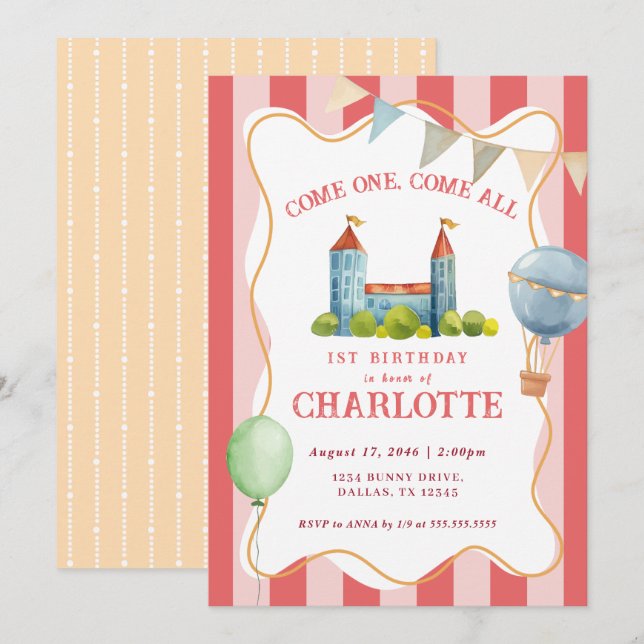 Joyful Watercolor Circus Baby 1st Birthday Party Invitation (Front/Back)