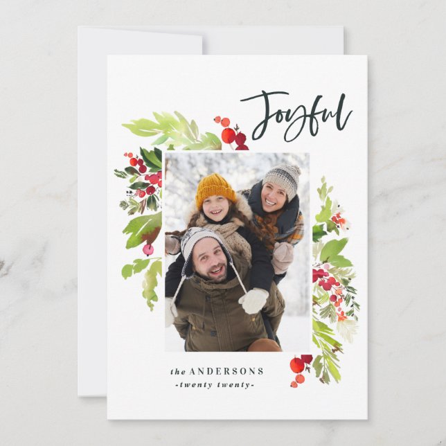 Joyful watercolor floral and foliage christmas holiday card (Front)