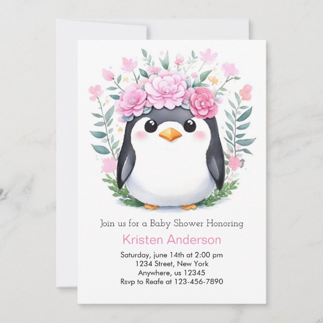 Joyful Watercolor Penguin Girl Baby Shower Invitation (Front)