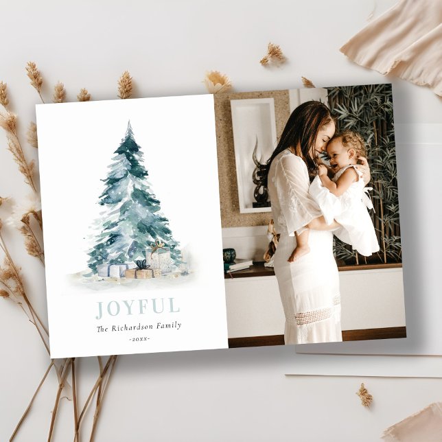 Joyful Watercolor Pine Christmas Tree Gift Photo Holiday Card (Creator Uploaded)