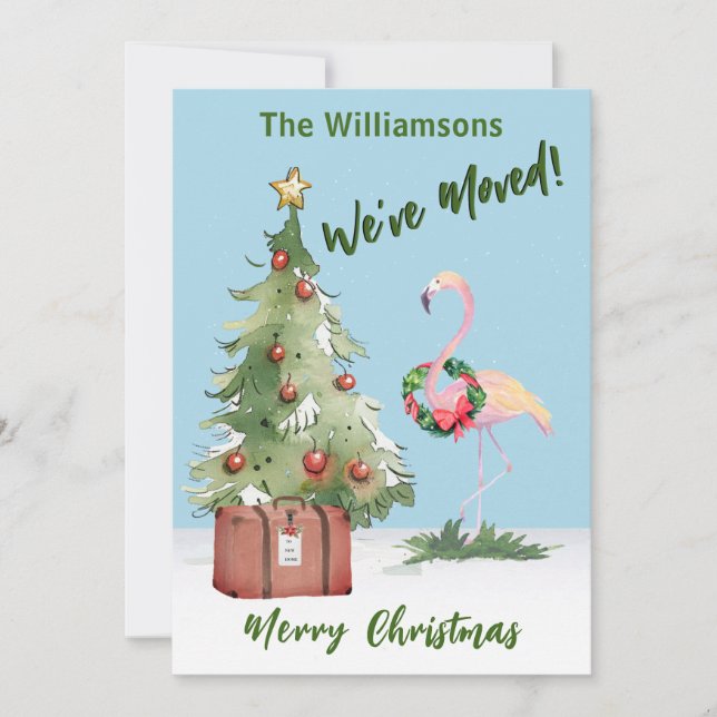 Joyful We've Moved Flamingo Christmas Tree Announcement (Front)