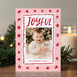 Joyful Whimsical Pink and Red Doodles Photo Holiday Card