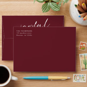 Joyful White Script Burgundy Return Name Address  Envelope