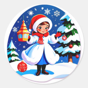 Joyful Winter Christmas Girl in White Coat Classic Round Sticker