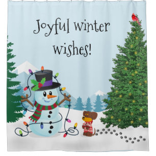 Joyful Winter Snowman Pup Christmas Shower Curtain